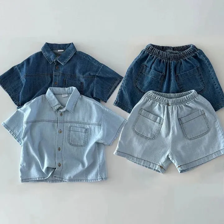 Blue Toddler Boys Denim Shirt and Shorts Set with Elastic Waist