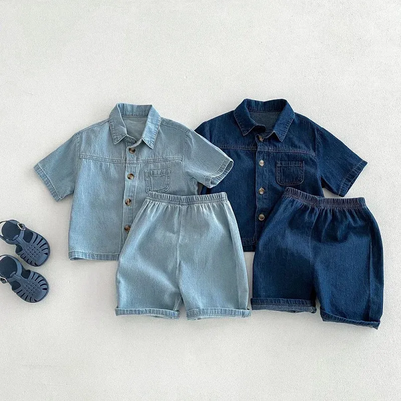 Blue Toddler Boys Denim Shirt and Shorts Set with Elastic Waist