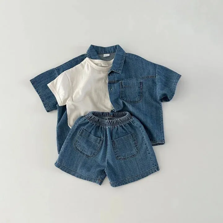 Blue Toddler Boys Denim Shirt and Shorts Set with Elastic Waist