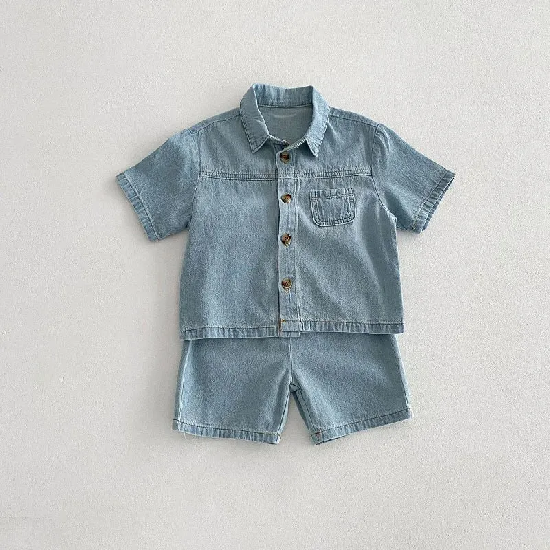 Blue Toddler Boys Denim Shirt and Shorts Set with Elastic Waist