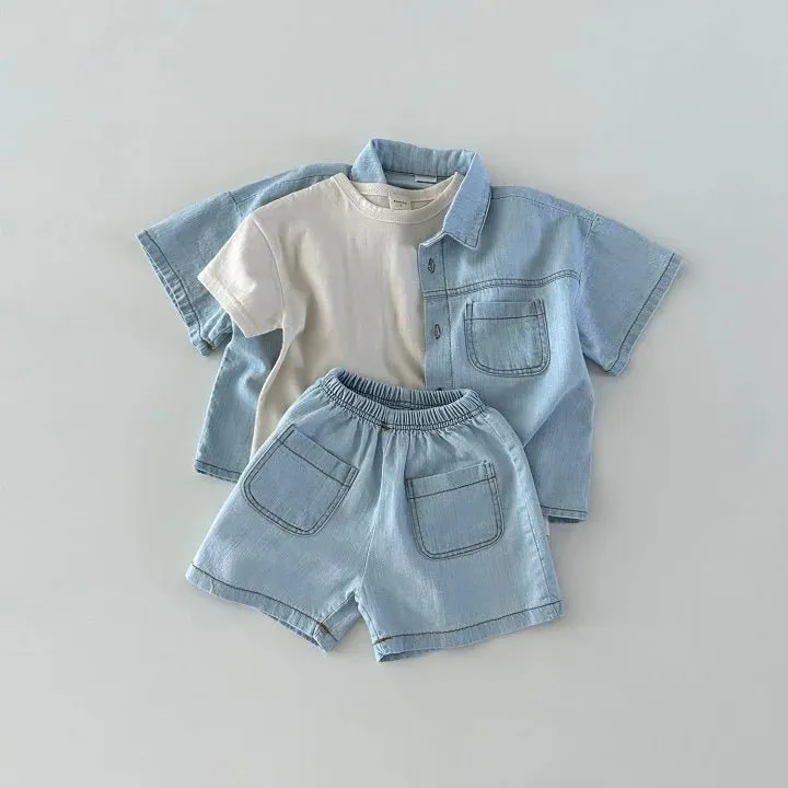 Blue Toddler Boys Denim Shirt and Shorts Set with Elastic Waist