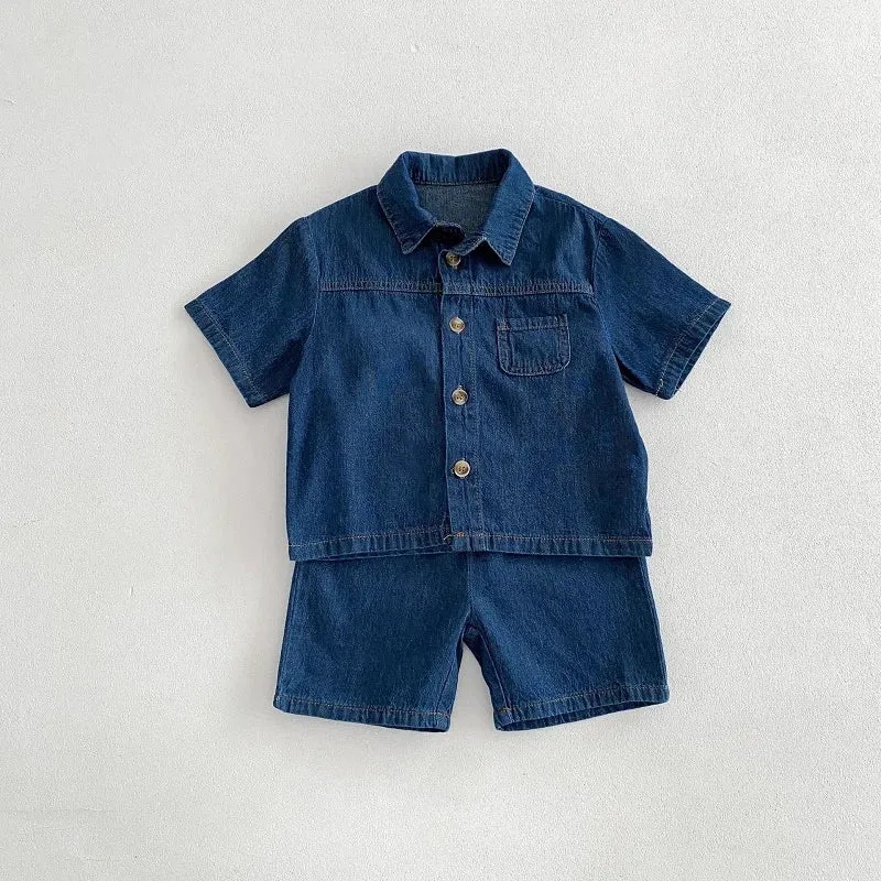 Blue Toddler Boys Denim Shirt and Shorts Set with Elastic Waist