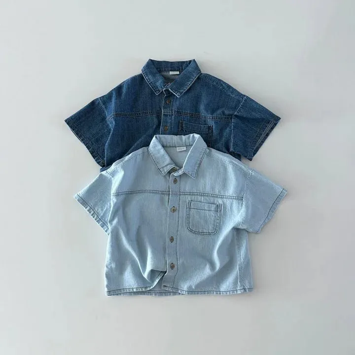 Blue Toddler Boys Denim Shirt and Shorts Set with Elastic Waist