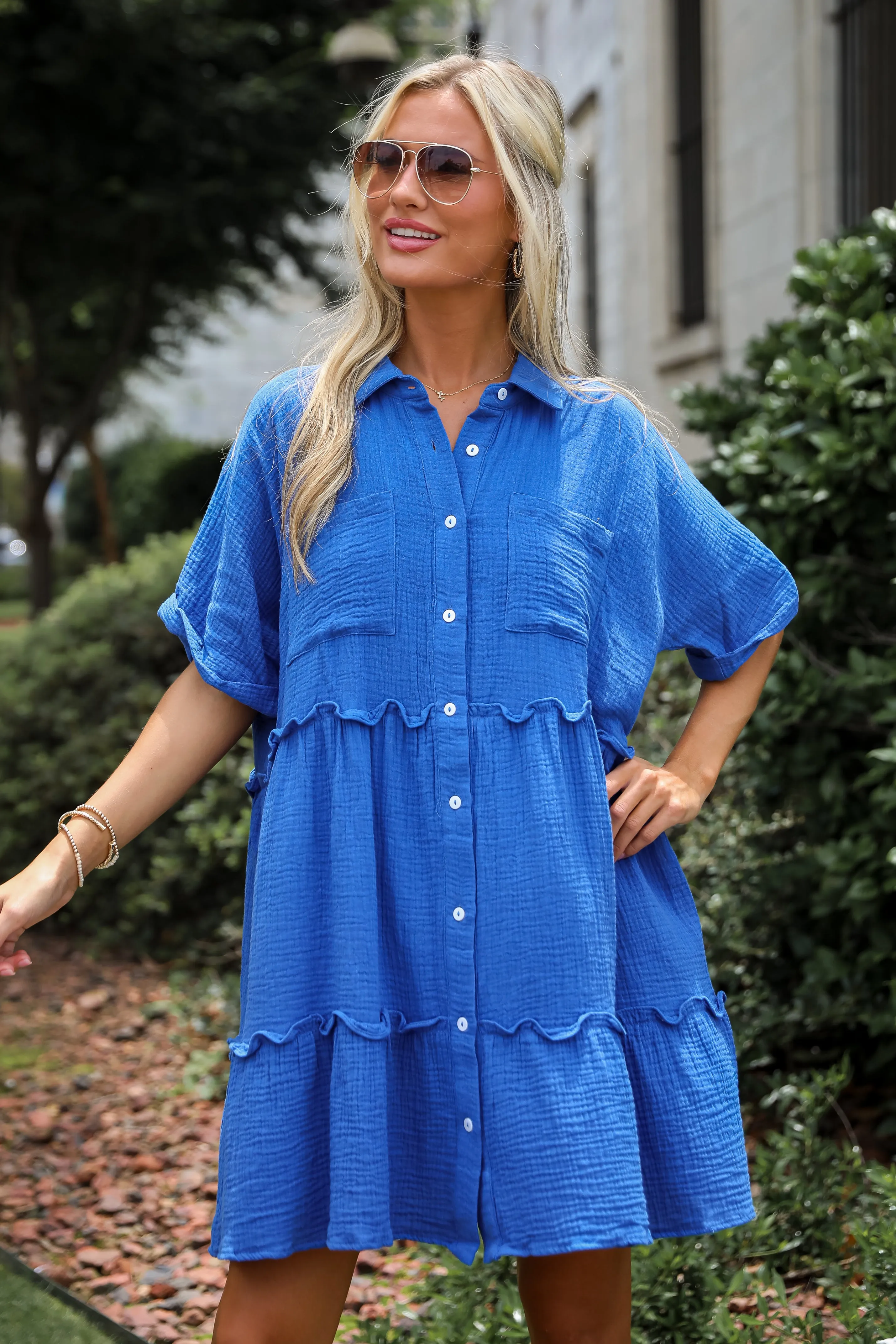 Charming Dynamic Royal Blue Linen Tiered Mini Dress