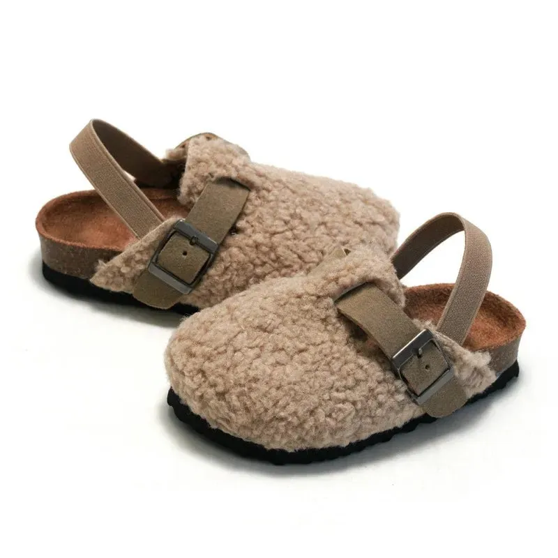 Comfortable Kids' Faux Fur Buckle Cork Mules in Chocolate and Apricot