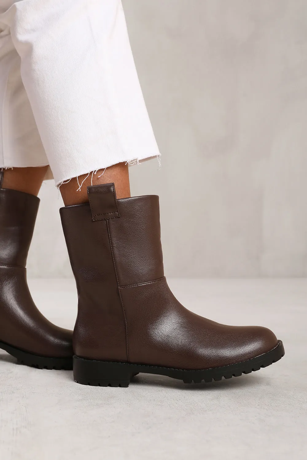 DELTA WIDE FIT MID CALF BOOT WITH STITCHING DETAIL IN DARK BROWN GRAIN FAUX LEATHER