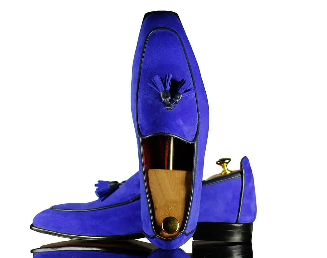 Handmade Men's Blue Suede Tassel Loafer, Men Dress Formal Shoes