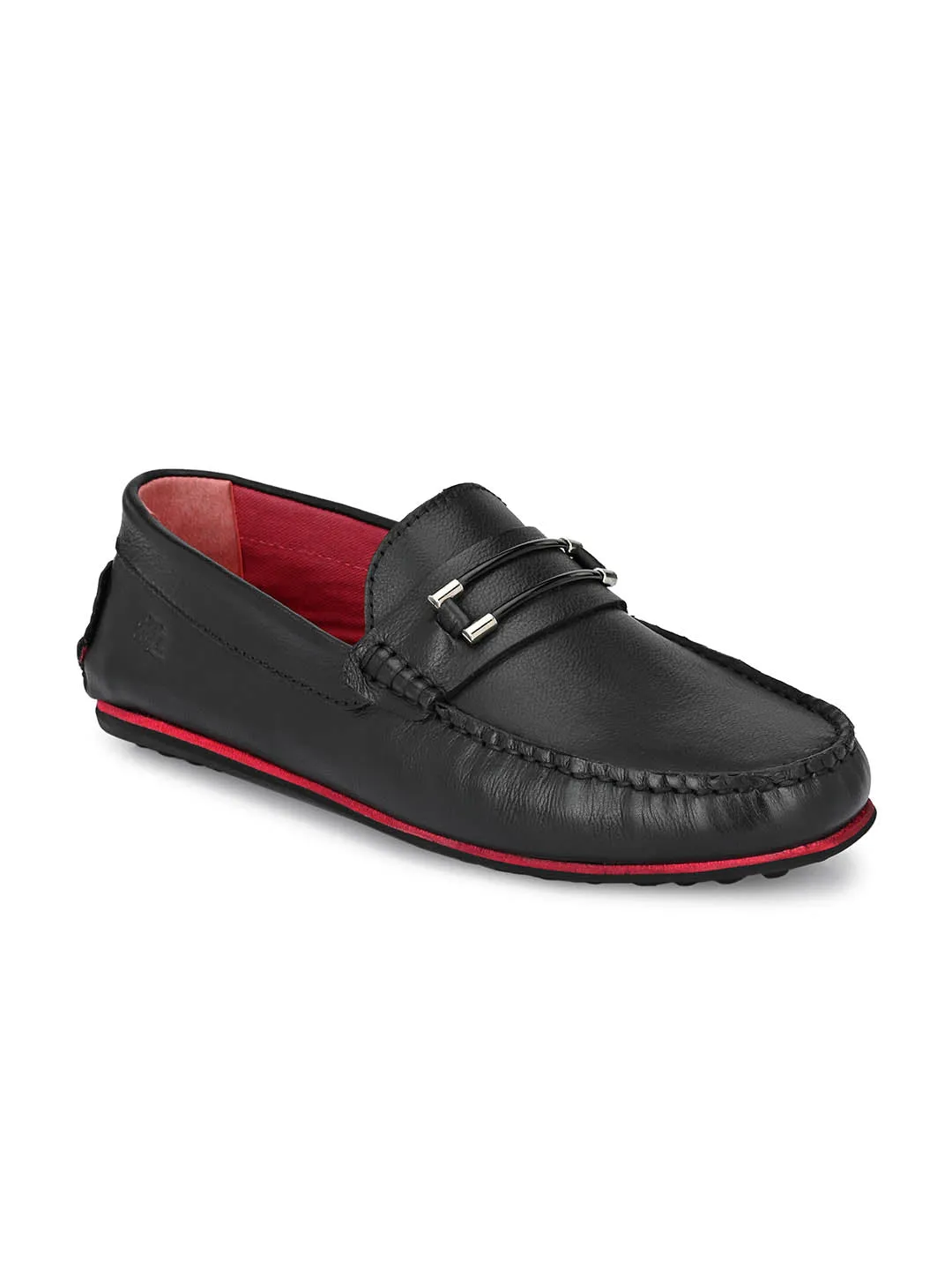 Hitz Men's Black Leather Slip-On Loafers Shoes