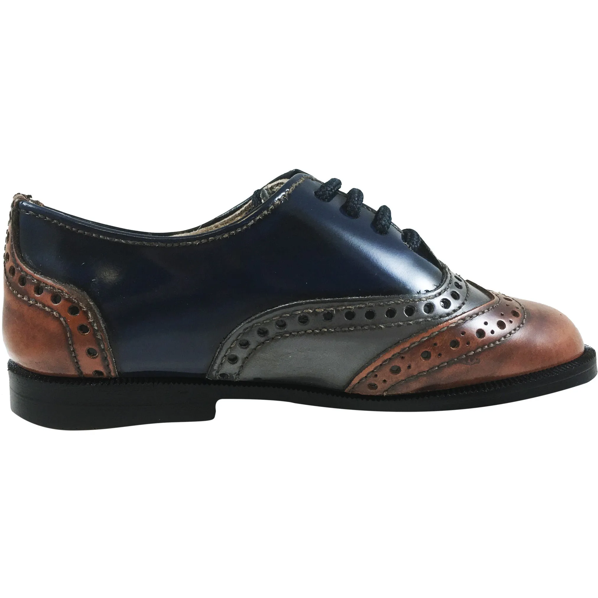 Hoo Shoes Abe's Boy's Brown Grey Navy Tri Color Leather Lace Up Oxford Loafer Shoes